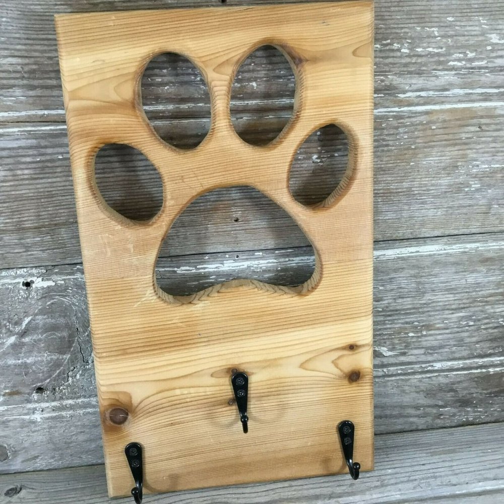 Dog Paw Key and Dog Leash Holder Made with Real Wood 3 Hooks